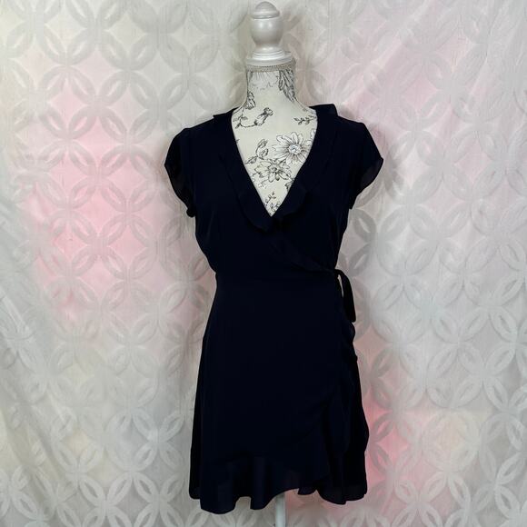Aritzia Sunday Best Ruffle Wrap Chiffon Navy Mini Dress Size 2 - Picture 5 of 12